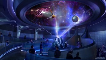 An illustration of Guests at the Guardians of the Galaxy Galaxarium, where a Star Blaster is jumping out of a portal   