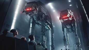 People in a transport vehicle inside a hanger bay look up at 2 towering AT-AT walkers