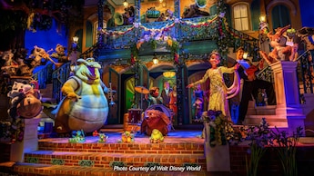 Louis, Byhalia, Princess Tiana and Prince Naveen perform onstage at the Tiana's Bayou Adventure attraction