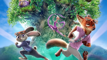 Une tuile promotionnelle pour Zootopia, Better Zoogether à Disney’s Animal Kingdom mettant en vedette Judy Hopps, Nick Wilde et d’autres personnages de Zootopia au Tree of Life