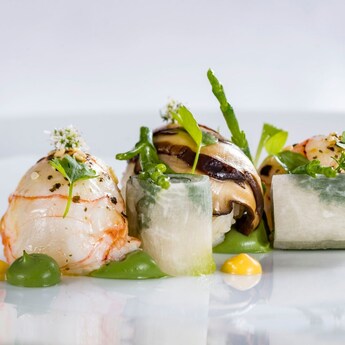 Un plato elegante con langostino, rábano daikon y frijoles marinos