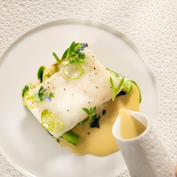 Un elegante plato con un trozo de pescado acompañado de microverduras