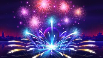 Ilustração de fogos de artifício explodindo e jatos d’água perto da Spaceship Earth
