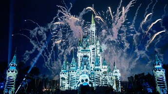 Esqueletos animados proyectados sobre el castillo Cinderella Castle mientras estelas de humo de los fuegos artificiales cubren el cielo