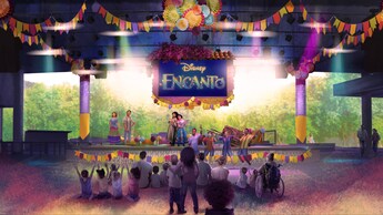 An illustration of a group watching a theatrical sketch with characters from the Disney movie Encanto