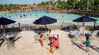 Des familles sous des parasols de plage sur des chaises longues près d’une piscine entourée de palmiers