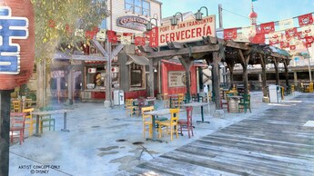 Representación de Port of San Fransokyo Cerveceria y su patio exterior