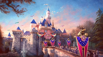 A digital rendering of Sleeping Beauty Castle with flags to celebrate Disneyland Resort’s 70th anniversary