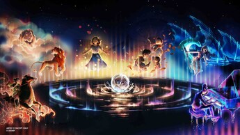 An illustration of a new nighttime spectacular, World of Color One, with several Disney and Disney Pixar characters, including Joe from the movie Soul, Simba from The Lion King, and Moana