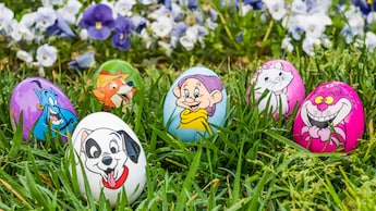 In a garden, eggs decorated with images of Disney characters.