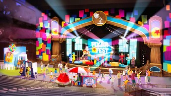 A group of people enjoying a show on a stage with lights and Pixar Characters at the Pixar Pals Playtime Party