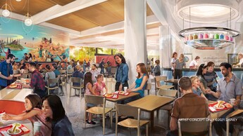 Una ilustración de familias sentadas y comiendo en un gran restaurante