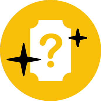An icon of a ticket with a question mark with stars on it representing ticket upgrade eligibility