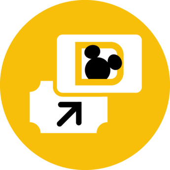 An icon of a ticket with an arrow on it pointing to an image of a D with Mickey Mouse ears inside it representing ticket upgrades
