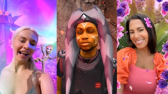 3 paneles muestran a Visitantes usando lentes Disney PhotoPass con filtros temáticos de Marvel, Star Wars y Pixar