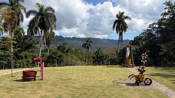 A well manicured lawn with a rock path and decorations on a coffee plantation in Puerto Plata, Dominican Republic