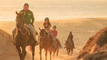 Cuatro Huéspedes cabalgando en el escarpado desierto cerca de Cabo San Lucas, México