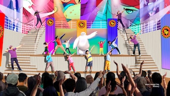 An artist rendering of the Baymax Super Exercise Show, with Baymax, Cast Members and children exercising together on stage