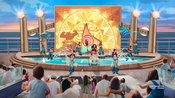 An artist rendering of the outdoor Moana, Call of the Sea stage show on the Disney Adventure, featuring performers, sea life puppets and a shallow pool