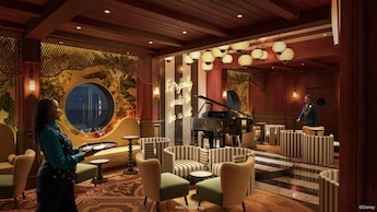 An artist rendering of Disney Treasure's Scat Cat Lounge, a piano lounge themed after The Aristocats