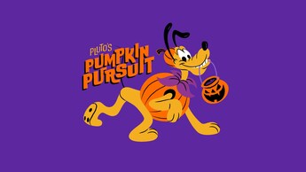 Pluto en un disfraz de calabaza de Halloween con texto que dice “Pluto's Pumpkin Pursuit”