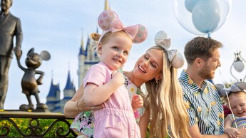 A mother and daughter wearing Minnie Mouse ear headbands pose near the Partners statue and Cinderella Castle