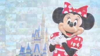 Minnie Mouse standing in front of Cinderella Castle, made up of a series of photos