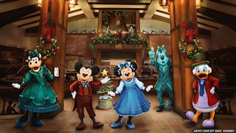 Clarabelle, Mickey Mouse, Minnie Mouse, Goofy and Donald Duck in old time Christmas clothing