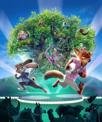 A digital rendition of animals enjoying a scene from the Zootopia Better Zoogether 4D show featuring Judy Hopps, Nick Wilde and other Zootopia characters