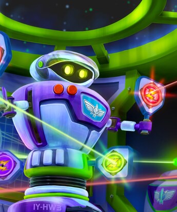 The arms of 2 Guests blasting lasers towards Zurg while riding Buzz Lightyear's Space Ranger Spin