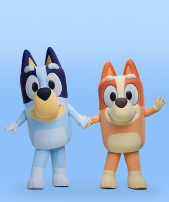 Bluey and Bingo standing together while holding hands