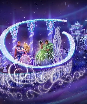 Artist rendering of a nighttime parade float featuring Aurora and Prince Phillip, Tiana and Prince Naveen, Cinderella and Prince Charming and Belle and the Beast