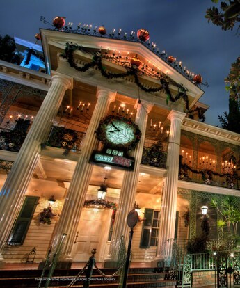 The Haunted Mansion with decorations inspired by ′Tim Burton’s The Nightmare Before Christmas′ at the Disneyland Resort