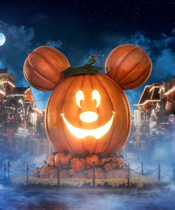 A Giant Mickey Pumpkin on Main Street U.S.A. during Halloween Time at the Disneyland Resort.