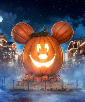 A Giant Mickey Pumpkin on Main Street U.S.A., during Halloween Time at the Disneyland Resort.