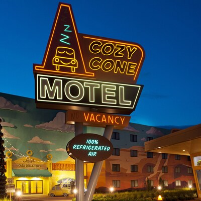 Cozy cone motel themed courtyard outside the Cars Family Suites