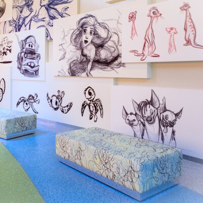 Disney and Pixar animation sketches in the lobby