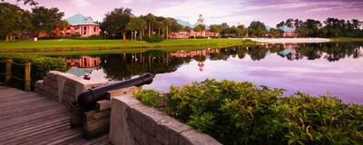 A cannon by the lake at Disney's Caribbean Beach Resort in Florida