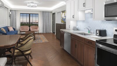 The kitchen, dining area and living area in a Resort villa