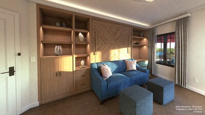 A sofa and 2 ottomans in a Tower Studio