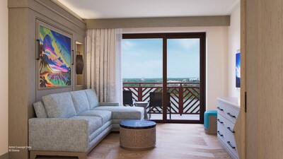 A hotel studio with a deck overlooking Magic Kingdom park, a couch, dresser and 'Moana' themed artwork