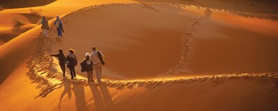 Several Travelers walk along the ridge of a sand dune in the Sahara