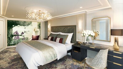 A spacious Royal Suite with Private Verandah Stateroom aboard the Disney Wish with plush carpeted flooring, a chandelier and a mural inspired by the Disney animated movie Sleeping Beauty
