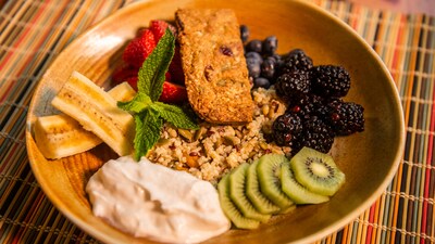 A plant based bowl with grains, yogurt, banana slices, strawberries, blueberries, blackberries, kiwi slices and a mint leaf.