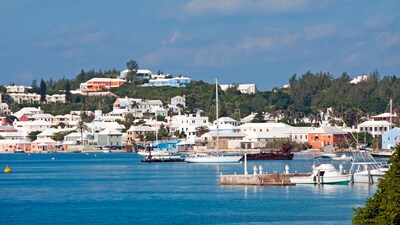 A harbor crowded with buildings and boats set up against a hill with trees and buildings