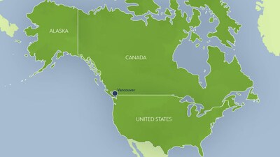 A map of North America featuring a location pin for Vancouver