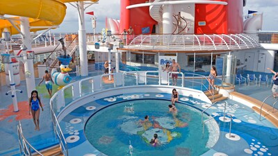 The Aqua Lab water playground, featuring a pool, fountains and a waterslide 