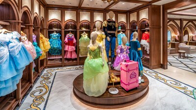 Mannequins wearing Disney prince and princess inspired costumes at the Bibbidi Bobbidi Boutique on the Disney Wish