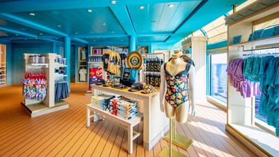 The interior of Dory’s Forget Me Knots reveals a retail space with swimsuits, beach towels, tumblers and other beach items