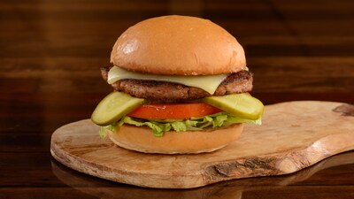 A plant-based burger with lettuce, tomato and pickles
